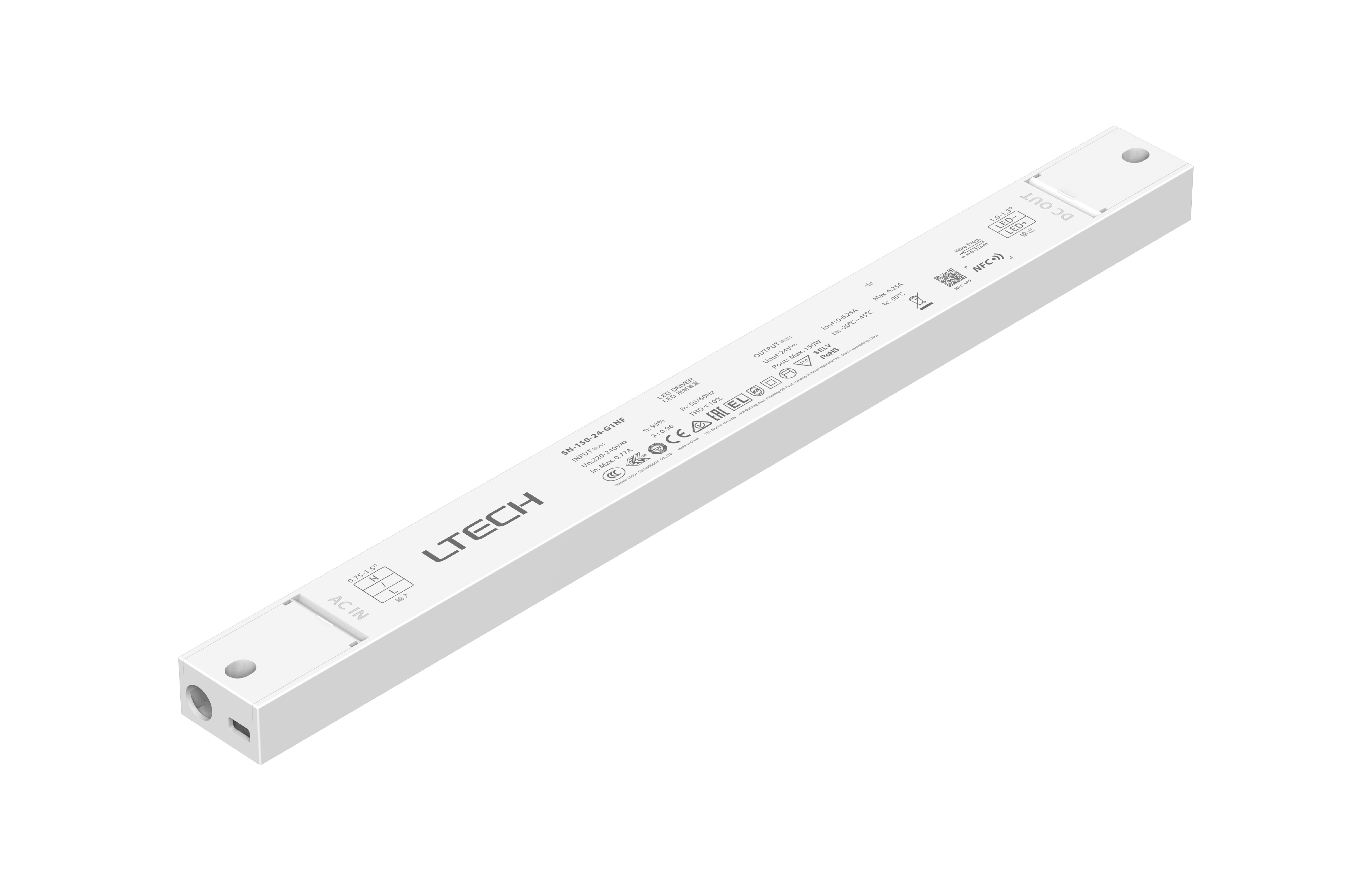 SN-150-24-G1NF-NFC  Intelligent Constant Current NFC ON/OFF LED Driver;  150W; 24VDC 6.25A ; 220-240Vac; IP20; 5yrs Warrenty.